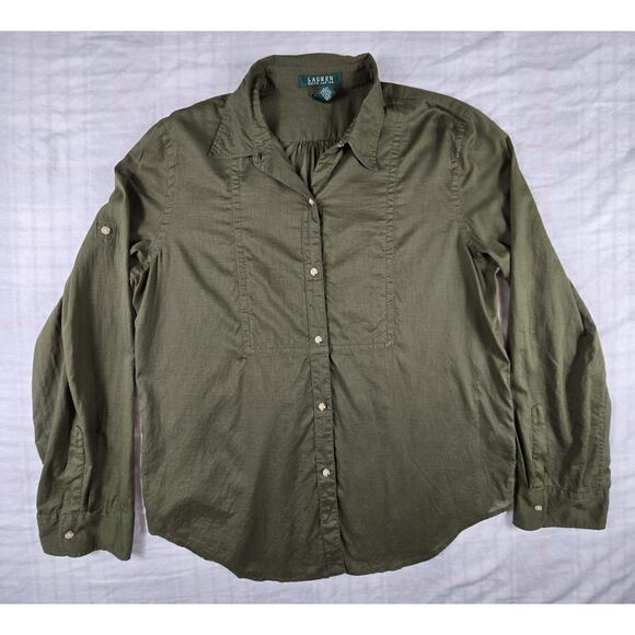 LRL Ralph Lauren Womens Button Up Shirt Roll Tab Long Sleeve Semi Sheer Green L - Picture 1 of 12